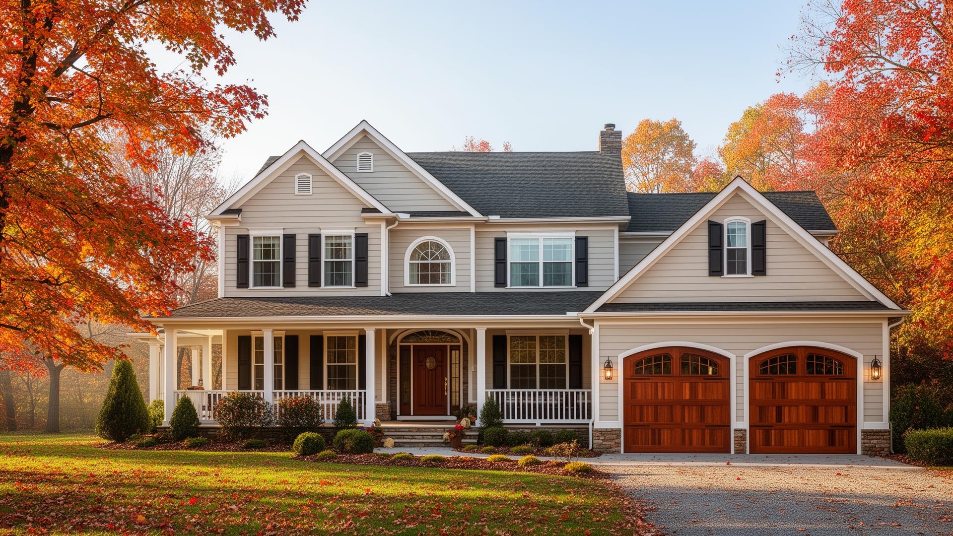 Beautiful home with elegant mahogany wood garage doors featuring arched windows in Southbury CT