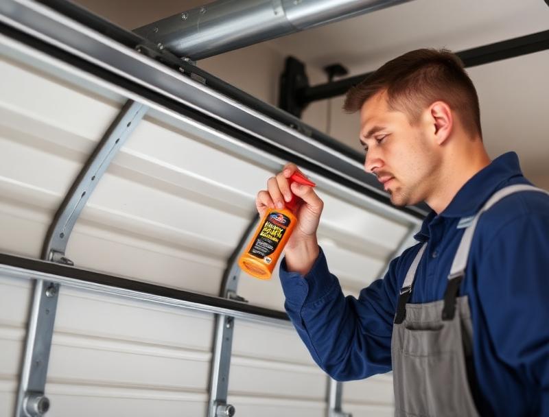 Garage door maintenance service - technician lubricating and inspecting door components