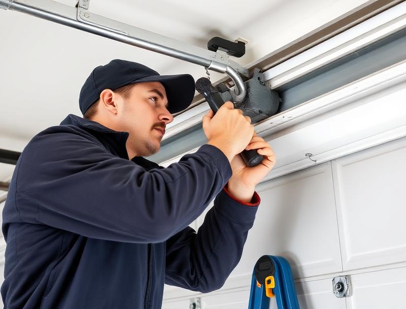 Garage door repair technician fixing spring mechanism in Southbury CT home